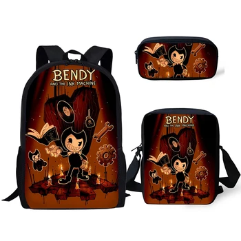 Популярная 3D-печать Bendy-Ink-Machine-Game, 3 шт./компл., школьные сумки для учеников, рюкзак для ноутбука, наклонная сумка через плечо, пенал