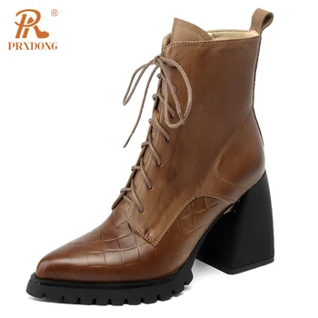 PRXDONG/ Новая Брендовая Обувь; Женские Ботильоны; Коллекция 2023 года; Модные Ботинки Из Натуральной Кожи На Высоком Массивном Каблуке И платформе; Черно-коричневая Рабочая Обувь 8