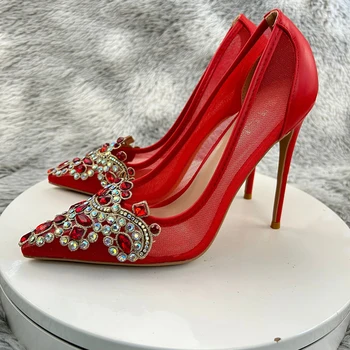 Красный глянцевый красочный декор из блестящих страз с острым носком 12 см 10 см 8 см 6 см на высоком тонком каблуке свадебная вечеринка пикантные женские туфли-лодочки SJ024