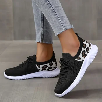 Леопардовые женские кроссовки для бега с мягкой подошвой, кроссовки для бега из дышащей сетки на шнуровке, легкие нескользящие кроссовки для бега