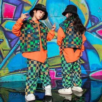 Разноцветный клетчатый жилет и брюки для детей, одежда в стиле хип-хоп, джазовый танцевальный костюм для девочек, свободная одежда в стиле Кп-поп, уличная одежда для мальчиков
