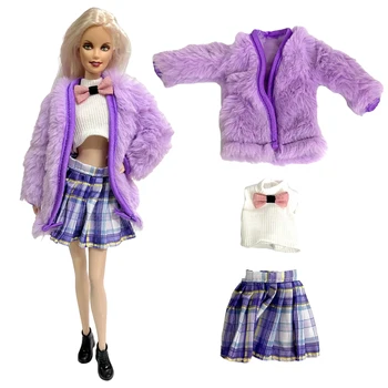 NK 3 предмета/комплект Фиолетовая зимняя шуба + Белые топы + Фиолетовая юбка Повседневная одежда для куклы Барби 1/6 Аксессуары Игрушки