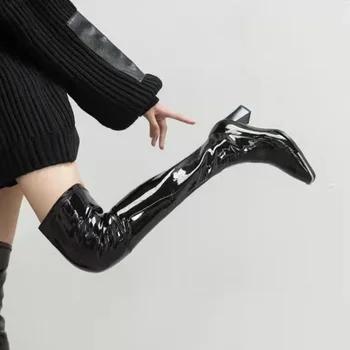 Осень-зима, новые женские ботфорты выше колена 2023, модные сапоги в стиле панк с квадратным носком на массивном каблуке, готические сапоги для женщин, модельные туфли на каблуке