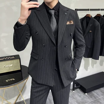 Мужской двубортный костюм S-7XL (костюм + жилет + брюки) Стильный и красивый деловой Корейский тонкий костюм в полоску, комплект из 3/2 предметов