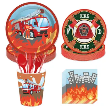 Тема пожарной машины Одноразовая посуда для детского дня рождения Бумажная тарелка, чашка, салфетка, принадлежности для украшения детской вечеринки в душе пожарного