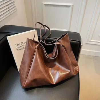 2023 Повседневные сумки-тоут из искусственной кожи большой вместимости для женщин, модная однотонная женская сумка на молнии в стиле ретро, женская сумочка