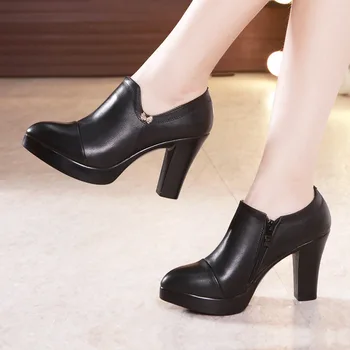 Женская осенняя обувь на высоком каблуке с глубоким острым носком на платформе, Черные офисные туфли на массивном каблуке большого размера