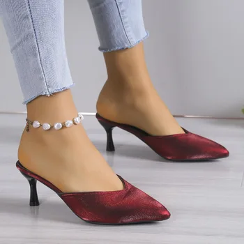Модная женская обувь 2024 года, женские шлепанцы на мелкой подошве, осеннее сексуальное платье с острым носком, туфли на шпильке, лаконичные женские туфли на высоком каблуке.