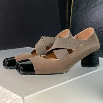 Женские туфли-лодочки без застежки из натуральной кожи разных цветов на высоком каблуке толщиной 6 см с квадратным эластичным перекрестным ремешком в стиле ретро для женщин