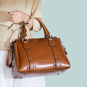 Женская сумка через плечо из натуральной кожи, сумка с верхней ручкой, повседневная дизайнерская женская сумка-мессенджер из воловьей кожи с маслом и воском