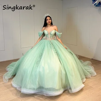 Пышное платье принцессы Шалфейно-зеленого цвета с открытыми плечами, кружевные аппликации, бусины и кристаллы, праздничное платье-корсет от 15 лет для 16 лет