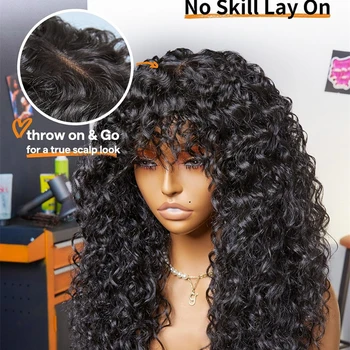Искусственный скальп 3X1 Бесклеевые Кудрявые Короткие парики из человеческих волос с челкой, кружевной топ, Бразильские парики из человеческих волос Remy, черные Женщины