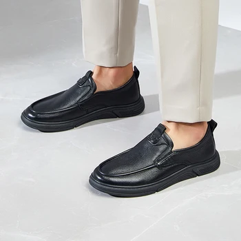 Повседневная деловая обувь Kangnai, мужская обувь из натуральной овечьей кожи, черные туфли без застежки на платформе с круглым носком, мягкие мужские офисные лоферы
