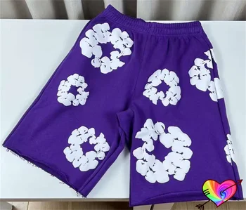 2024 Фиолетовые широкие джинсовые шорты Tears Для мужчин и женщин с 3D Слоеным логотипом, Джинсовые шорты Tears The Cotton Wreath, хип-хоп бриджи Kapok