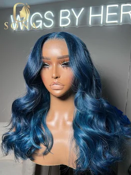 Темно-синий Прозрачный парик из натуральных волос с объемной волной 13x4 13x6 HD Парики из человеческих волос с кружевной фронтальной обработкой для женщин, предварительно выщипанные с волосами Младенца
