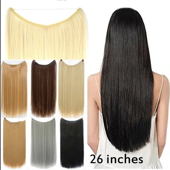 Прямые серо-Черные светлые синтетические волосы длиной 26 дюймов, Рыбья леска, ореол, невидимый шиньон, Аксессуары для волос