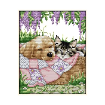 Наборы для вышивания крестиком с нанесенным рисунком для детей или взрослых, 11-каратные наборы для самостоятельного вышивания-Спящие кошка и собака