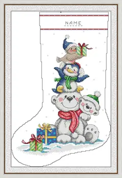 Набор для вышивания крестиком Joy Sunday с предварительной печатью Easy Pattern Набор для вышивания из тисненой ткани Aida-Рождественский чулок-Белый медведь
