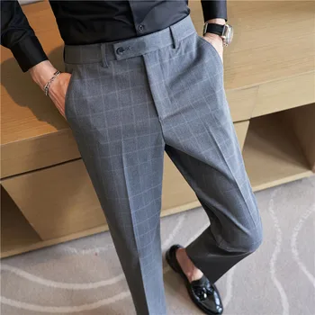 Мужской клетчатый костюм, брюки, осень 2023, новые повседневные прямые вечерние брюки, приталенные мужские брюки Pantalon Homme для свадебной вечеринки, мужская одежда