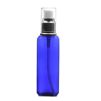 3 шт./упак. 100 мл синего цвета, Квадратная многоразовая бутылка для лосьона из ПЭТ-пластика с алюминитовым насосом серебристого цвета.
