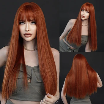 Длинный прямой темно-оранжевый парик NAMM для женщин на каждый день и вечеринку, натуральный синтетический парик со средней частью, Термостойкий волокнистый длинный прямой парик