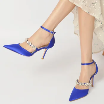 Летние женские босоножки на каблуках из стразового шелка на тонком каблуке 12 см с ремешком с пряжкой, закрывающим каблук, Женская обувь для вечеринок с одним персонажем, Синяя