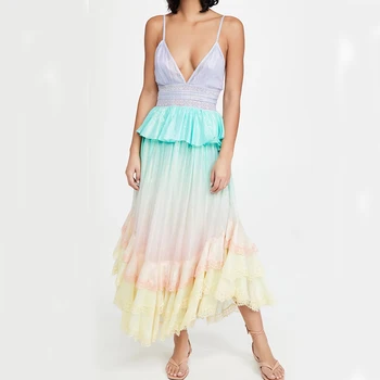 AYUALIN Радужные шифоновые платья, женское летнее платье с многоуровневыми оборками, винтажные платья с глубоким V-образным вырезом и открытой спиной, пляжные платья в стиле бохо, Vestidos