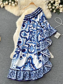 Новое Длинное платье сине-белой фарфоровой асимметрией для подиума, Женское Сексуальное платье с открытыми плечами и оборками на подоле, Свободный халат Maxi Vestidos