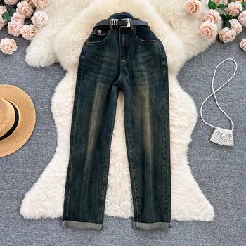 Джинсы с высокой талией, женские шаровары в винтажном стиле, Весна-осень, с поясом, с высокой талией, свободного кроя, джинсовые брюки длиной до щиколоток