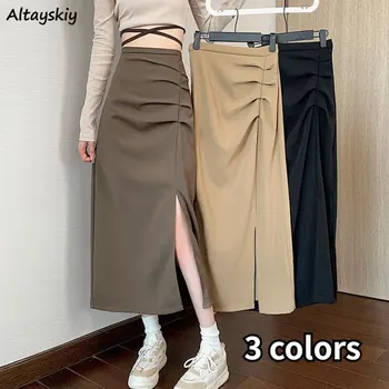 Юбки миди, женские Элегантные офисные женские складки, шикарные весенние эстетичные складки в корейском стиле, повседневные универсальные юбки в корейском стиле