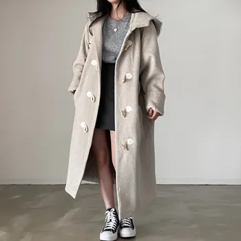 Женское осенне-зимнее Длинное Свободное шерстяное пальто, куртка с капюшоном на роговой пуговице, Шерстяное пальто, Элегантная Верхняя одежда, Топы 2023 года.