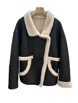 Кожаная куртка с утолщенным коротким лацканом, свободная форма, однобортный дизайн, теплая и удобная новинка зимы 2023 1102