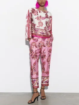 Элегантный комплект из двух предметов с винтажным принтом, женская одежда 2023, блузка с длинным рукавом, топ и прямые брюки, Новинка в соответствующих комплектах одежды