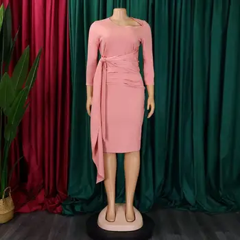 Женское платье Летнее офисное офисное платье с рукавом 3/4 и плиссированным ремешком, Дизайнерское африканское платье большого размера, розовое