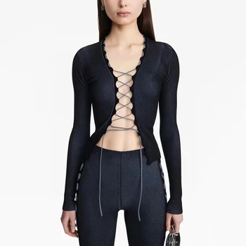 Сексуальная нижняя рубашка с V-образным вырезом и галстуком, модный универсальный свитер, высококачественные женские топы, 2023 новый осенне-зимний вязаный кардиган