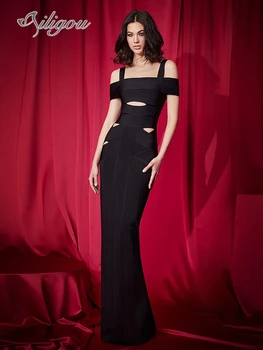 Ailigou 2024, Новое женское черное сексуальное бандажное платье с V-образным вырезом и открытыми плечами, элегантное вечернее платье для вечеринки знаменитостей