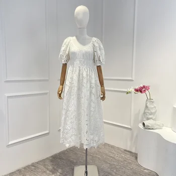 Белое Открытое Платье Миди с Цветочной Вышивкой Из Хлопка И Кружева с Рюшами на Лифе для Элегантных Дам 2023 года, Новые Поступления