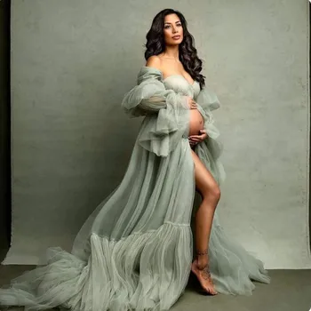 Мятное длинное платье для беременных из мягкого тюля Элегантные женские платья для беременных для фотосессии Платья для беременных с длинным рукавом и разрезом в виде сердца