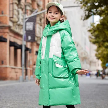 Толстые теплые парки для девочек, Зимняя пуховая куртка 2023, Модная детская теплая длинная верхняя одежда с капюшоном, глянец для подростка