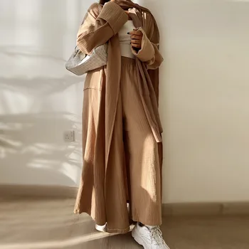 Простая хлопковая открытая Абая со штанами, летнее Турецкое арабское кимоно, мусульманское платье, повседневные абаи для женщин, исламский скромный наряд в Дубае