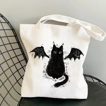 Сумка для покупок Black Cat, художественная роспись, сумка-тоут, складная сумка для покупок, джутовая сумка, сумка для покупок, многоразовая эко-сумка, сумка для покупок, сумка для покупок