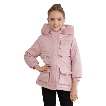 Зимнее детское теплое пальто с капюшоном на подкладке из искусственного меха для девочек, куртка с длинными рукавами на молнии, пальто, верхняя одежда с карманами с клапанами, новогодние костюмы