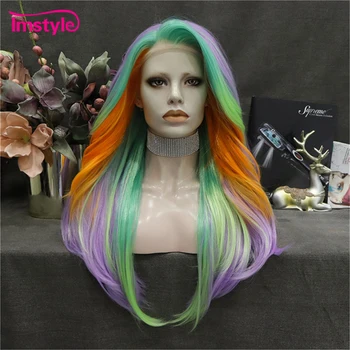 Фиолетовый парик Imstyle, красочный синтетический парик с кружевом спереди, прямые волосы, Длинный парик из термостойкого волокна, Многоцветные зеленые парики для женщин