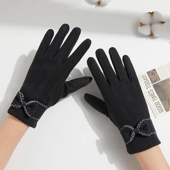 Женские зимние теплые перчатки, элегантные перчатки с бантиком, мягкие перчатки для вождения на открытом воздухе, велосипедные ветрозащитные теплые перчатки