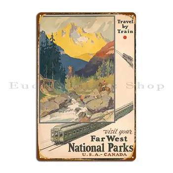 Туристический плакат по национальным паркам, винтажный плакат с металлической табличкой о путешествии на поезде, домашняя стена, пещера, бар, пещера, создание плаката с ржавой жестяной вывеской