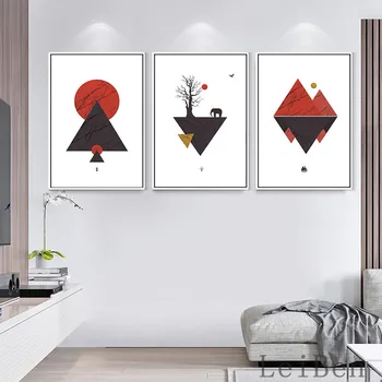 Креативный геометрический плакат с мраморной текстурой в скандинавском минималистичном стиле для входа в гостиную, декоративная картина на холсте с красным солнцем