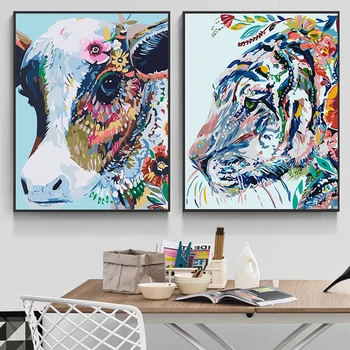Абстрактная красочная Корова и Тигр, холст, плакаты, печать уникальных настенных рисунков для гостиной, спальни, детской комнаты, прохода
