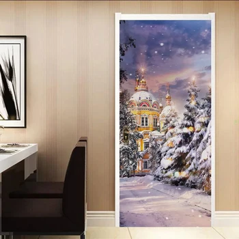 Рождественский камин, Дверная наклейка в виде снеговика, Обои, Наклейка с изображением Санта-Снеговика, Рождественская фреска, Декор для дома в спальне