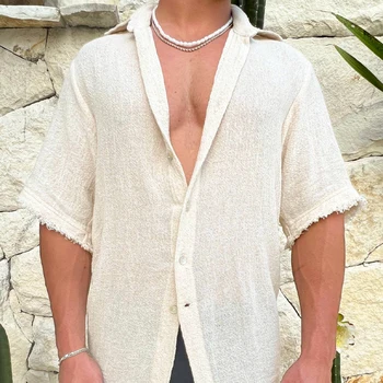 Мужская однотонная пляжная рубашка на пуговицах с коротким рукавом и отложным воротником - стильный летний повседневный топ для отдыха